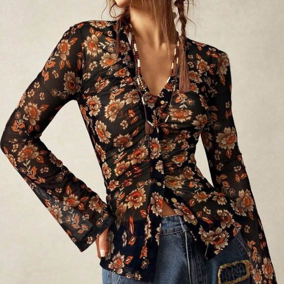 Multicolor Casual Women's Boho Lace mesh V-Neck Flared Sleeve Blouse - Picture 6 of 7